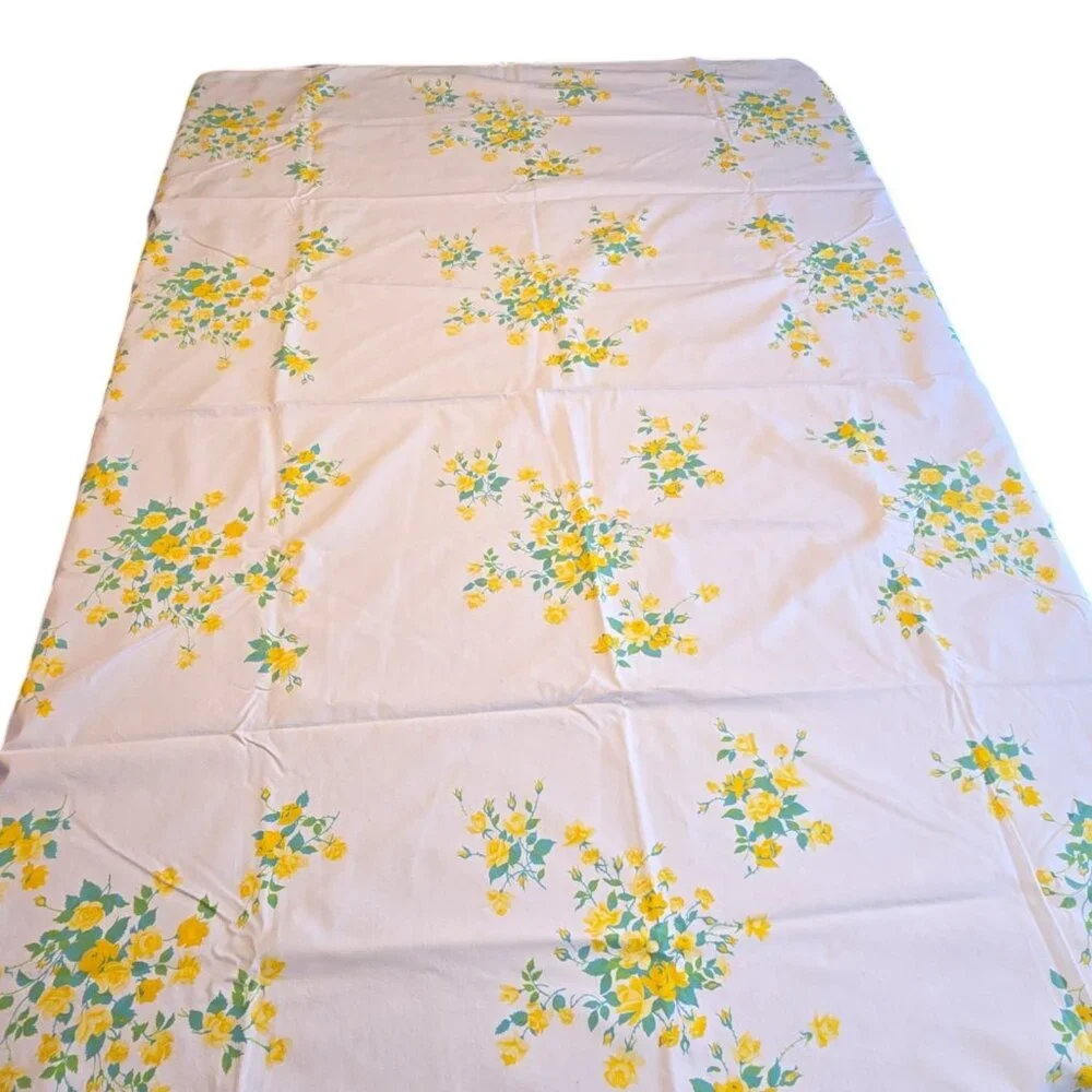 Vintage Floral Tablecloth 53x65 Yellow Roses Mid-Century Country Cottage Style